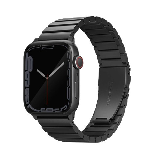 A black stainless steel Apple watch strap.