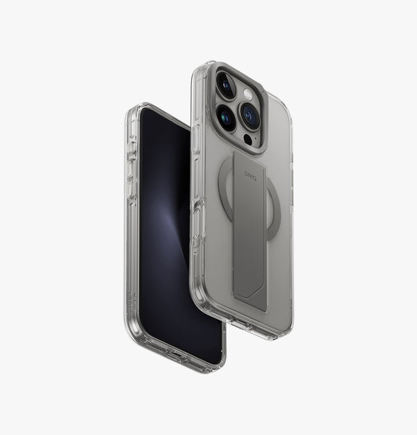 Heldro Max | iPhone 16 Pro Magnetic Charging FlexGrip™️ Case with Camera Stand | UNIQ | Back & Front Clear