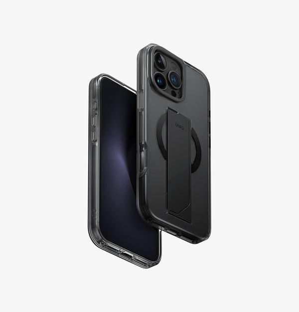 Heldro Max | iPhone 16 Pro Max Magnetic Charging FlexGrip™️ Case with Camera Stand | UNIQ | Front & Back Smoke