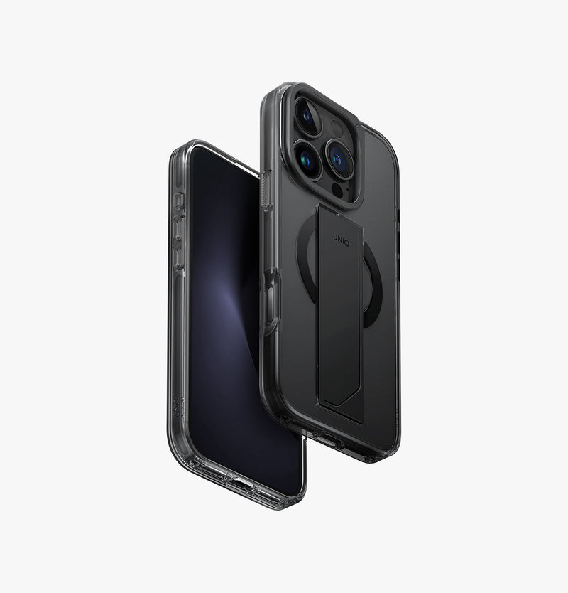 Heldro Max | iPhone 16 Pro Magnetic Charging FlexGrip™️ Case with Camera Stand | UNIQ | Front & Back Smoke