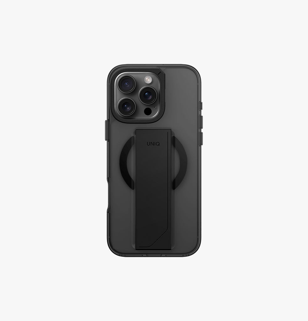 Heldro Max | iPhone 16 Pro Magnetic Charging FlexGrip™️ Case with Camera Stand | UNIQ | Back Smoke