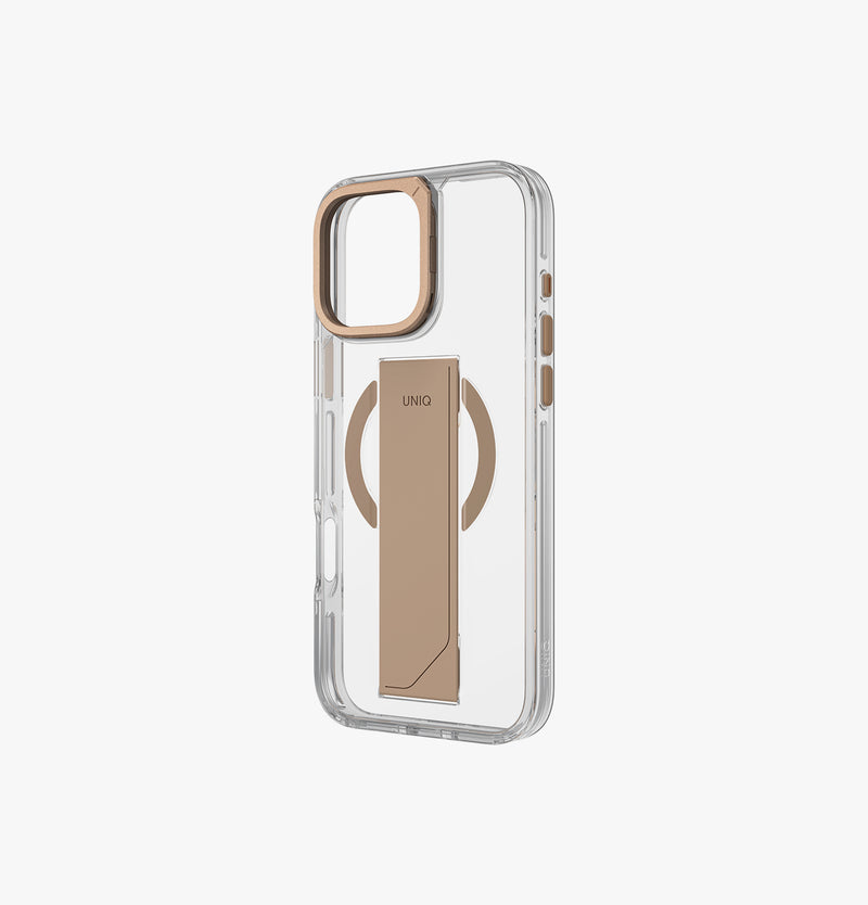 Heldro Max | iPhone 16 Pro Max Magnetic Charging FlexGrip™️ Case with Camera Stand | UNIQ | Side taupegold