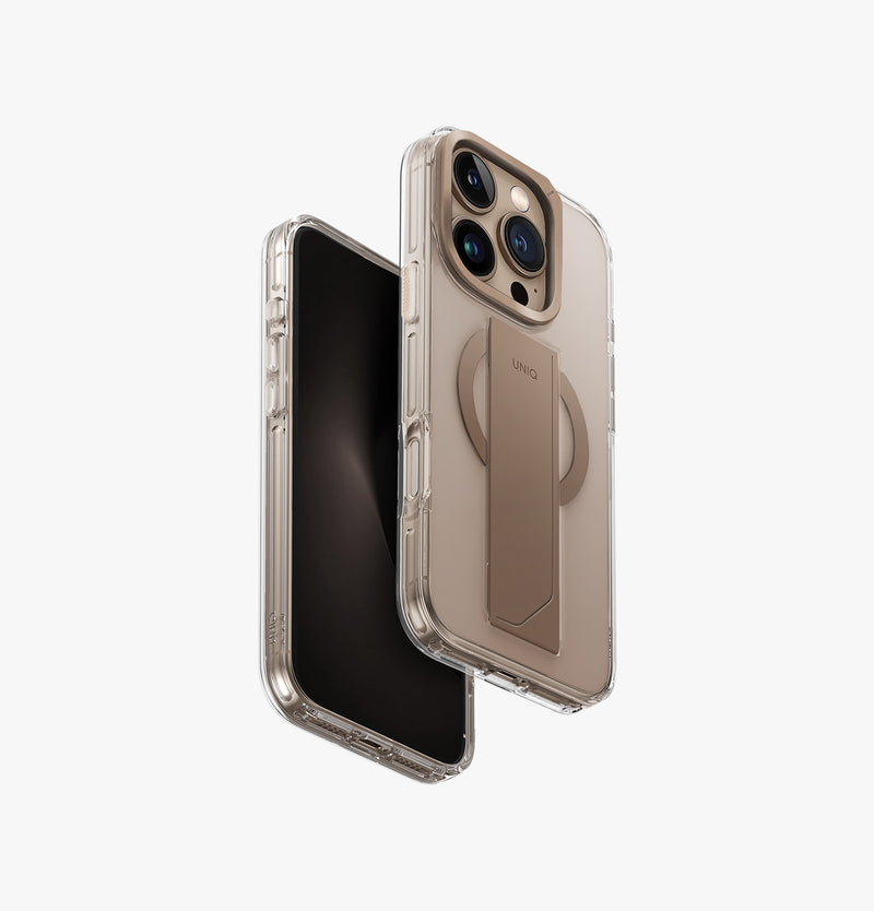 Heldro Max | iPhone 16 Pro Magnetic Charging FlexGrip™️ Case with Camera Stand | UNIQ | Front & Back taupegold